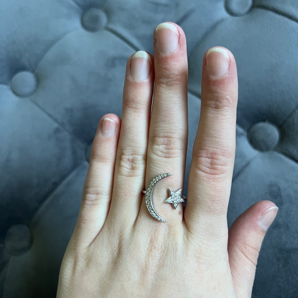 Silver Crescent Moon and Star Ring